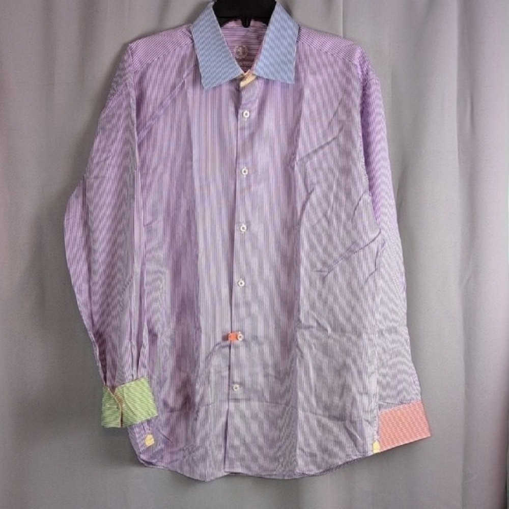 Bugatchi‎ Uomo Men's Purple White Stripe Dress Shirt L/S Button Down Lion Logo
